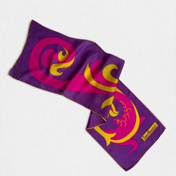 VTG 70s Giorgio Sant’Angelo Pink Purple Fish Dragon Print Signed Silk Scarf - Picture 3 of 6